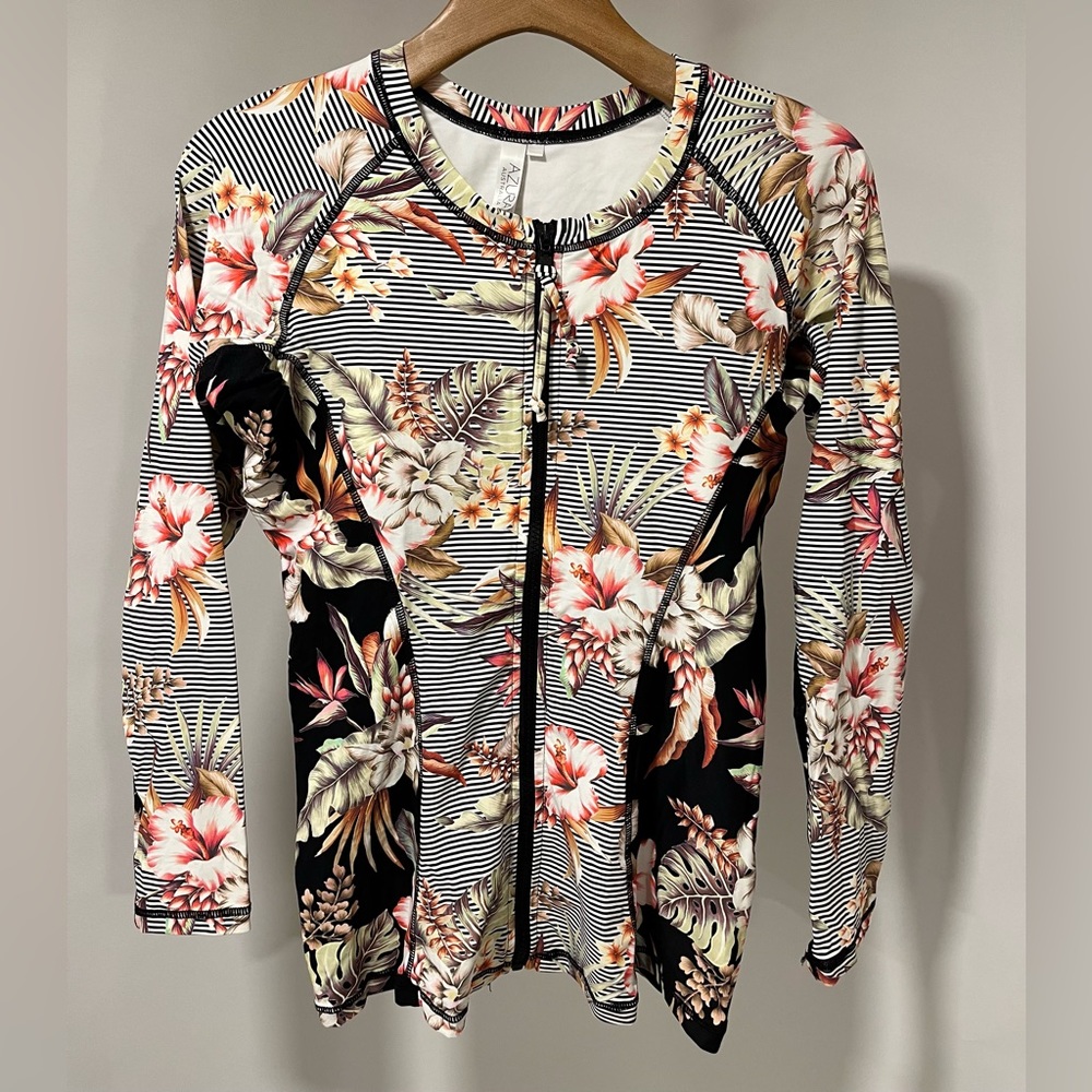 Azura long sleeve swim shirt size L 10/12 in black stripe floral